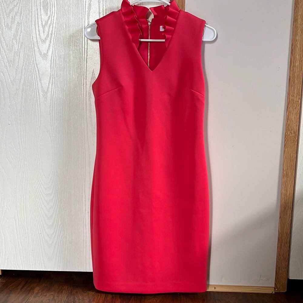 Calvin Klein Hot Pink Sleeveless Midi Dress with Ruffled Collar